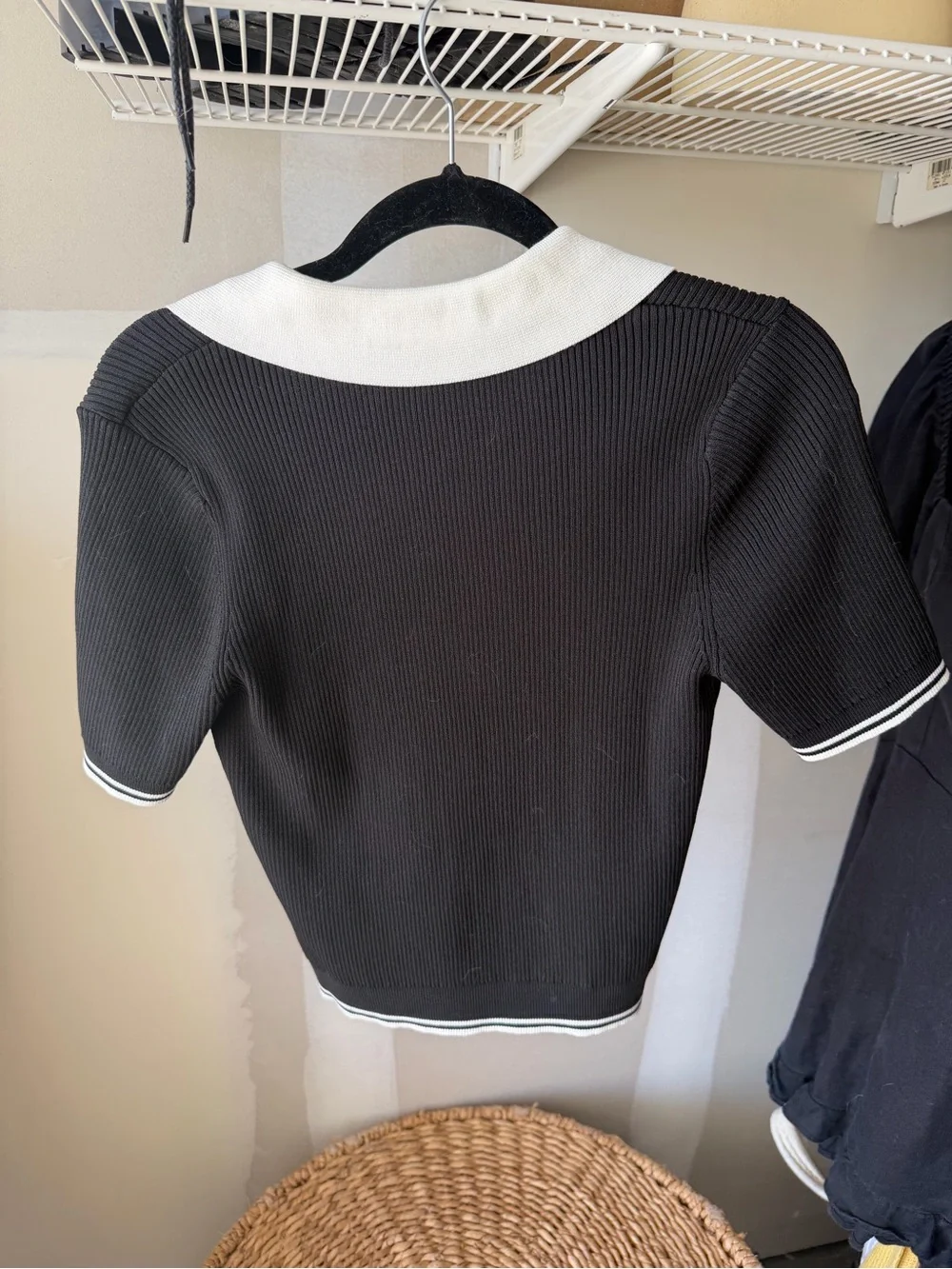 CHANEL Black and White Ribbed V-Neck Sweater
